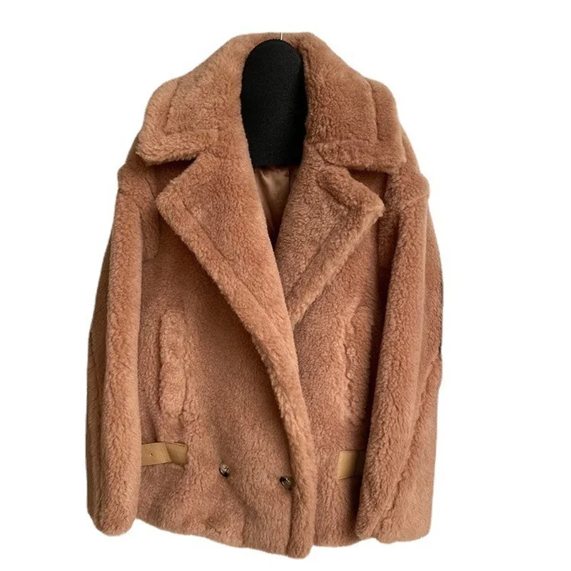 2023Real fur,Women Jacket Teddy Bear Coat Winter Short Coat Female Autumn New Fashion Casual Camel Double Breasted High-end Keep