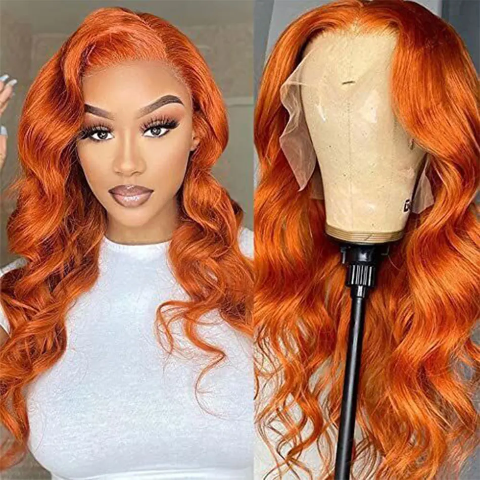 

Ginger Orange 13x4 Lace Front Human Hair Wig Colored 350 Orange Body Wave HD Transparent Lace Frontal Wigs For Women