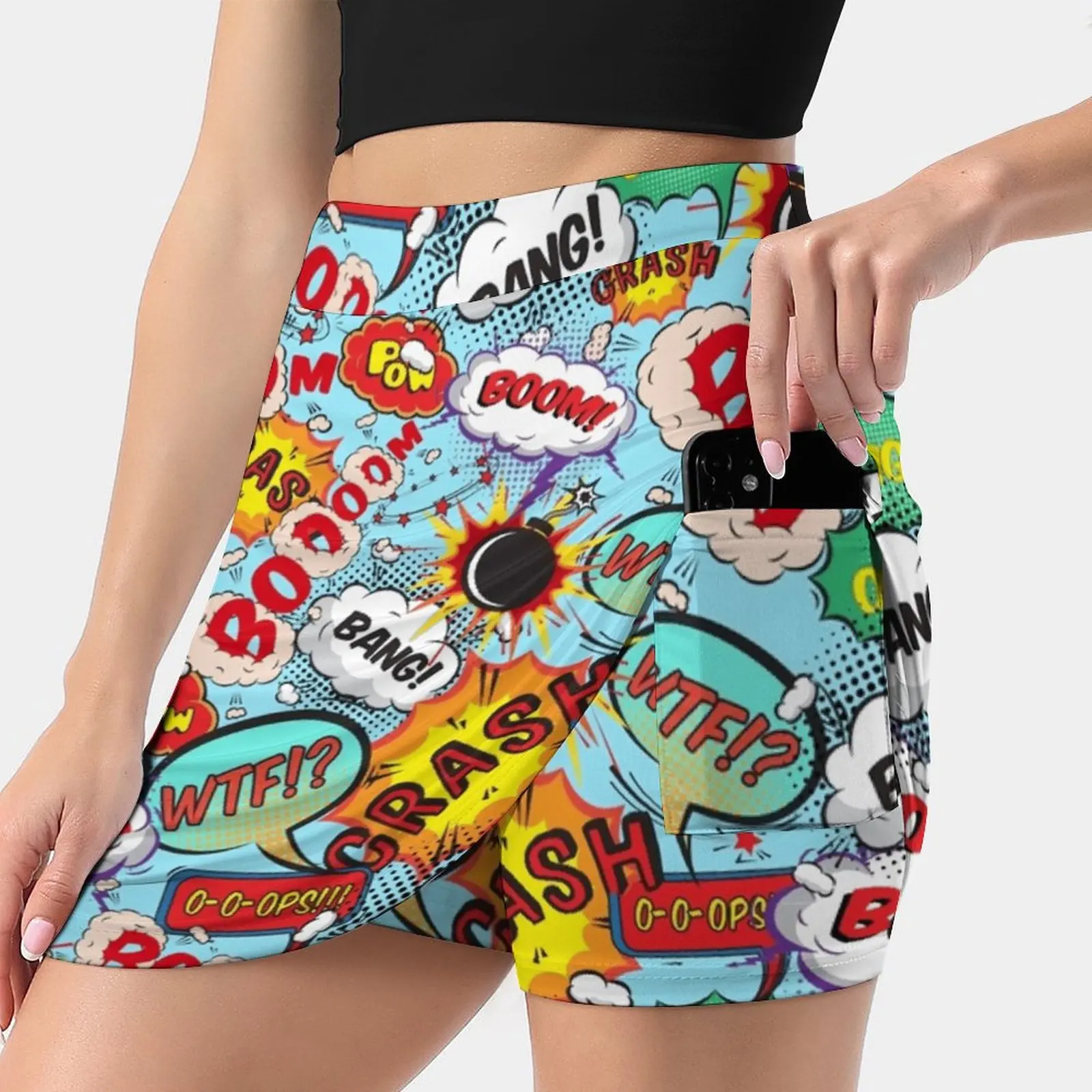 

Comic Pop Art Explosions Pattern In Blue Women Sports Skirt Tennis Golf Dance Fitness Running Yoga Skirts Retro Comic Boom Bomb