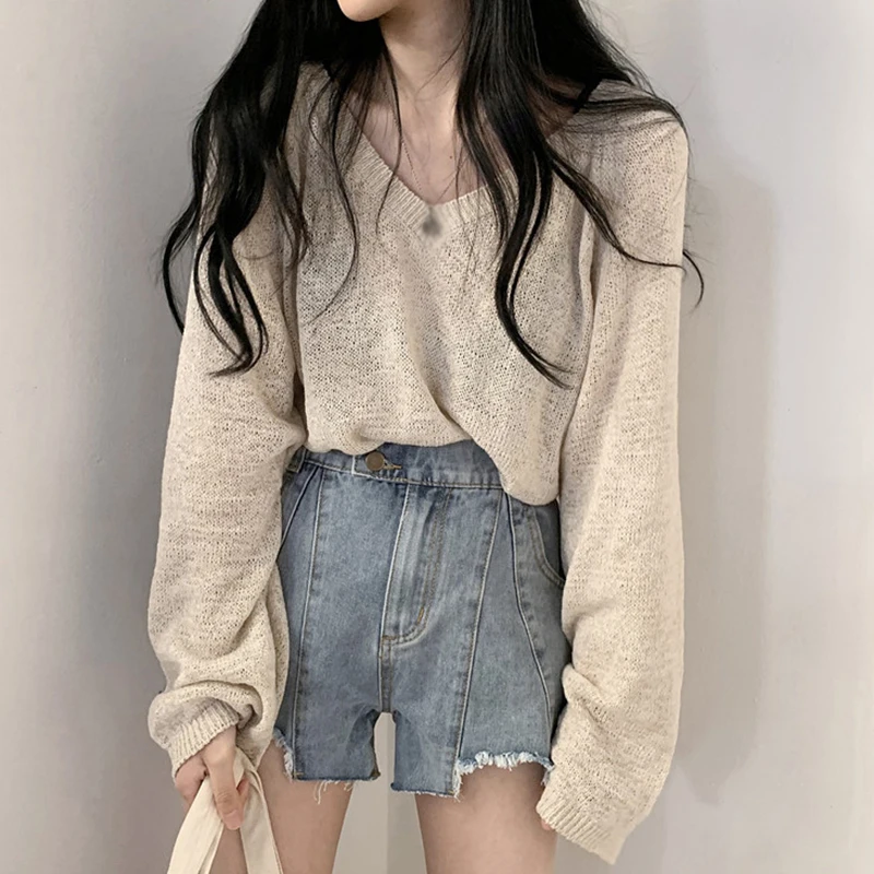 Women Korean Spring/Summer Solid Color V-Neck Knitted Tops Solid Colour Loose Casual Knitted Long Sleeves Sun Protection Tops