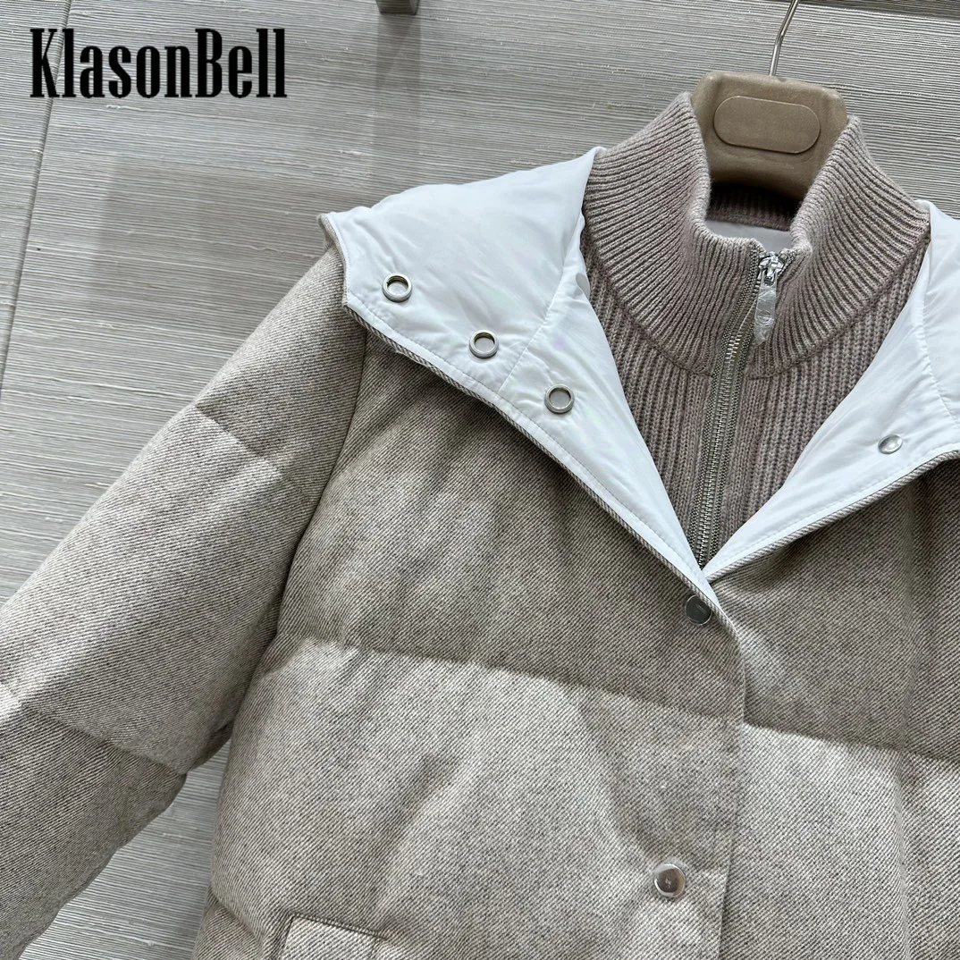 9.25 KlasonBell Women Winter New Wool Knit Collar Spliced Fake Two Piece Goose Down Jacket Hooded Midi Keep Warm Down Coat