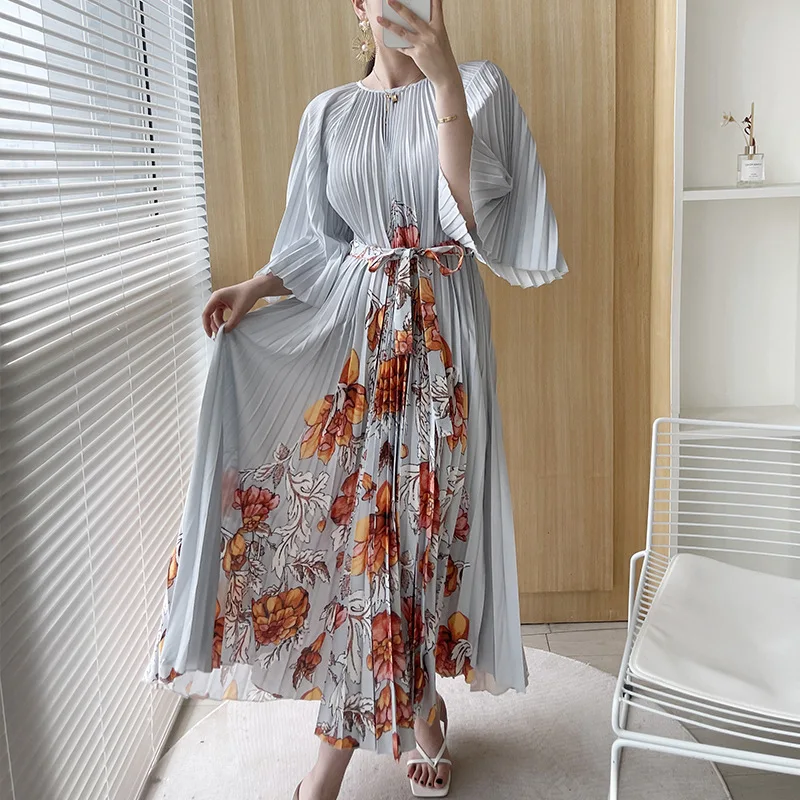 

Miyake Pleated Print Dress Women's 2024 Autumn New Plus-size Slim Straight A-line Skirt White Pressed Pleated Long Dresses