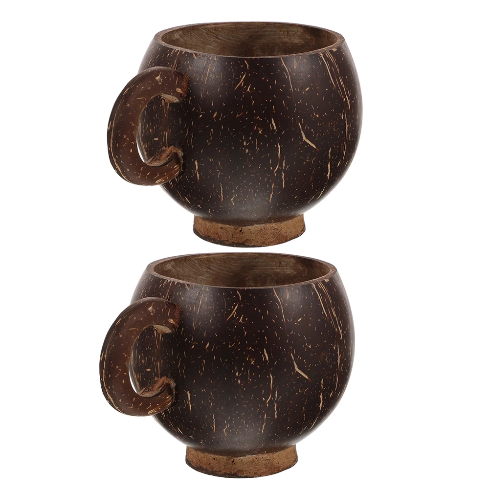 

2 pcs Coconut Shell Cups 300-350ml Large Capacity Handle Base Wood Coffee Mug Juice Milk Tea Glass Multifunctional Container