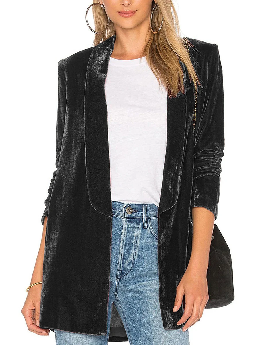 Blazer Pleuche informal para mujer, Chaqueta de traje con solapa de manga larga de Color sólido con frente abierto para adultos