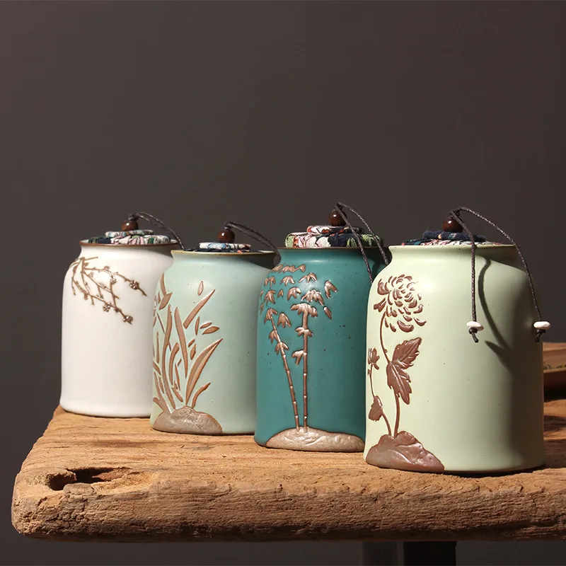 Japanese Creative Ceramic Hand-painted Embossed Tea Caddy Retro Handmade Storage Jar Coffee Beans Container Teaware Accessories