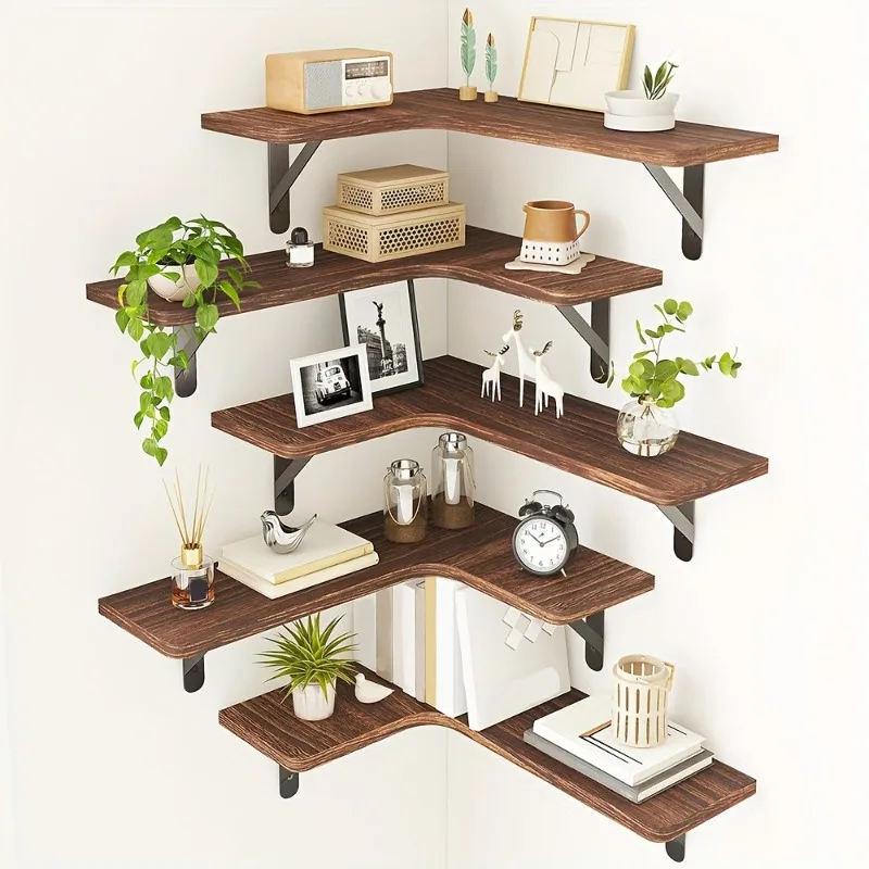 

5pcs Rustic Wood Corner Floating Shelves Dark Carbonized