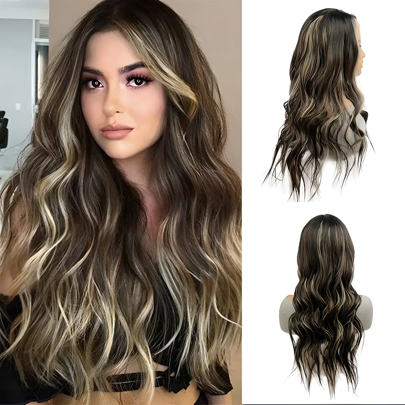 4*4 peruca de fechamento de renda para mulheres longo encaracolado ondulado peruca de renda 26 "synthetic destaque chocolate marrom perucas de cabelo festa diária dia das bruxas