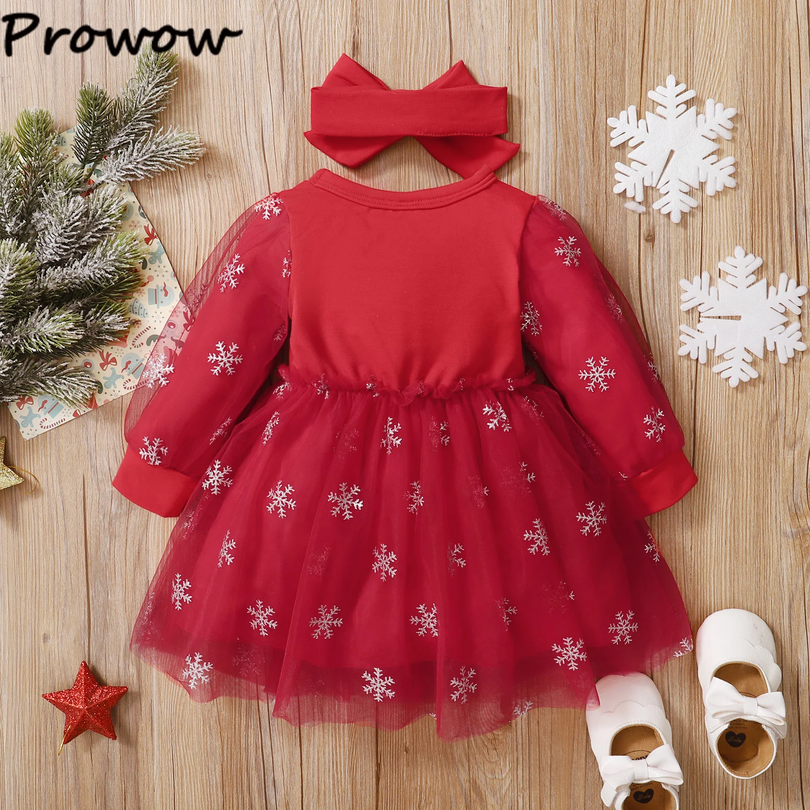 Prowo Baby Christmas Dresses Letter Snowflake Princess Mesh Red Dress Girl Party Newborn My First New Year Costume Baby