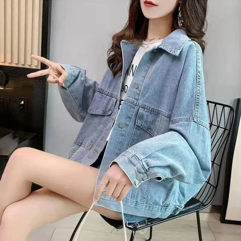 Spring Autumn Be All-Match Loose Cowboy Coat Women Embroidery Jeans Jacket Korean Lady Long Sleeves Solid Color Denim Outwear