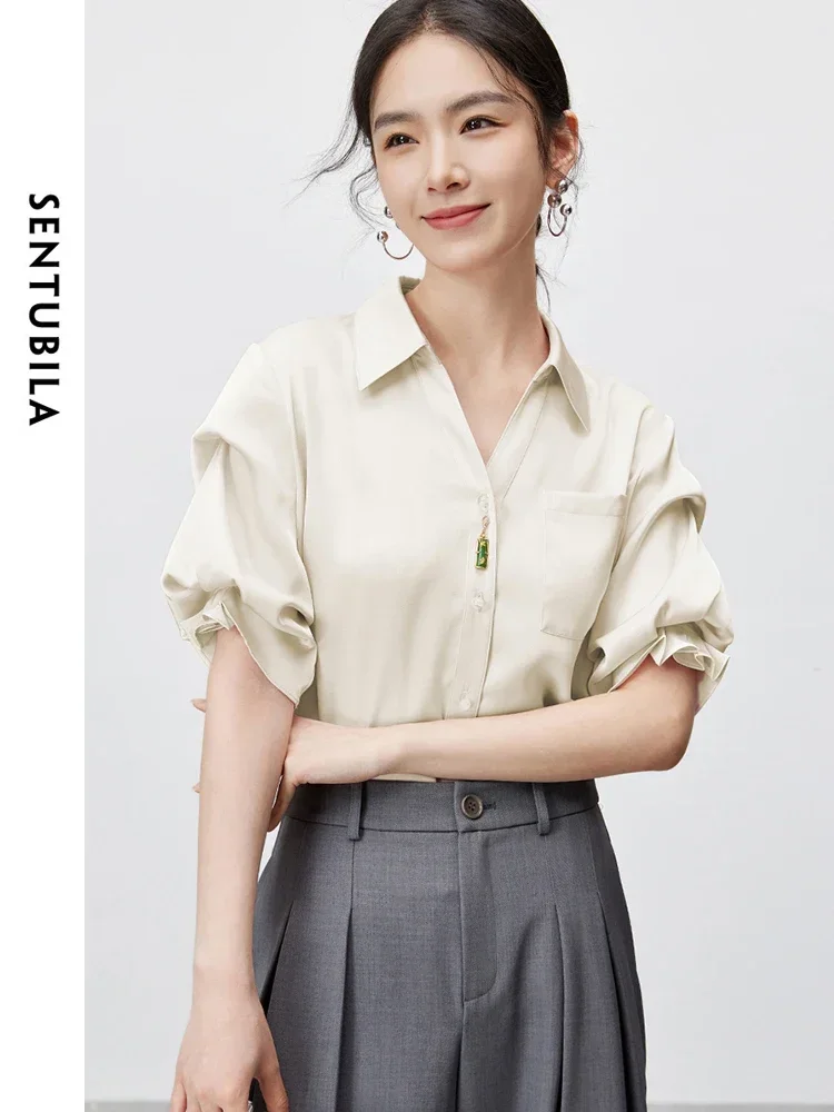 

SENTUBILA Fashion Polo Collar Button Up Women's Shirt 2024 Summer New Commuter Straight Short Sleeve Blouses Ladies 142C54851