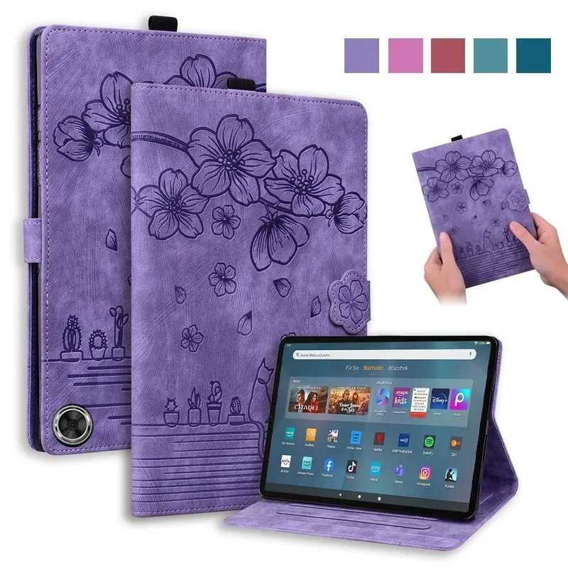 

Чехол Funda для Fire Max 11, 11-дюймовый чехол-бумажник с 3D тиснением цветочного кота для Coque Amazon Fire Max 11 2023, чехол для планшета