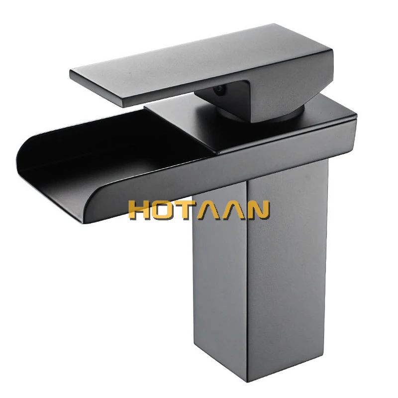 Black Plated Brass Waterfall Bathroom Basin Faucet Square Vanity Sink Mixer Hot & Cold Lavotory Tap Single Handle YT-5018-H