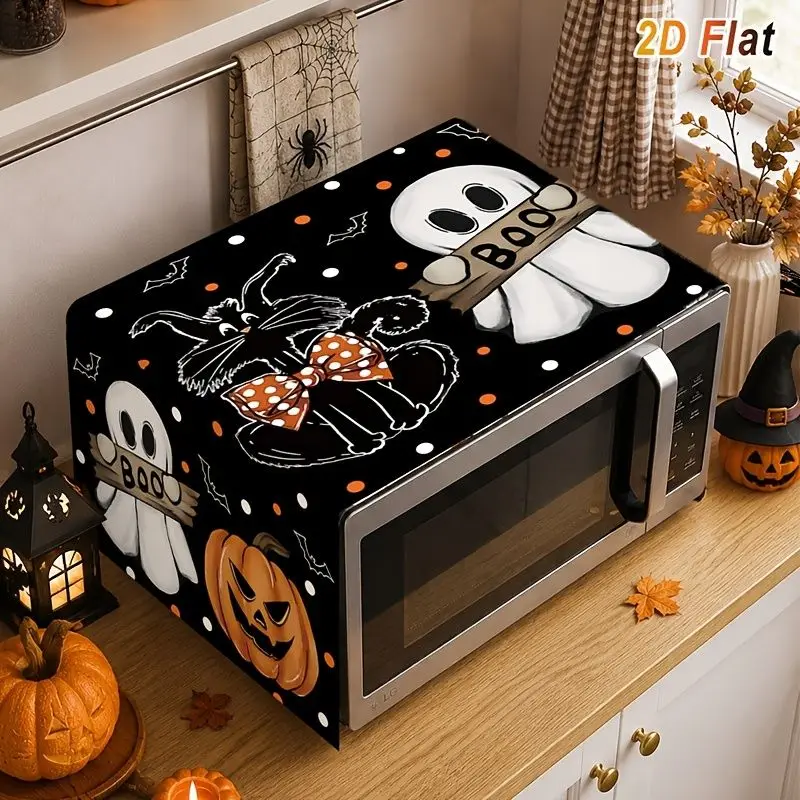 VIKAMA Microwave Oven Dust Cover Ghost Black Cat Pumpkin Print Kitchen Appliance Protector Halloween Home Decor