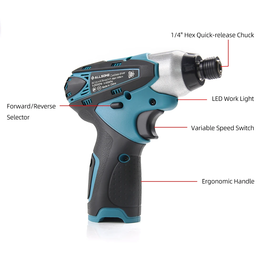 ALLSOME 12V Electric Cordless Portable Screwdriver Li-ion Battery Adjustable Speed With LED Light DIY Tools For Makita Battery