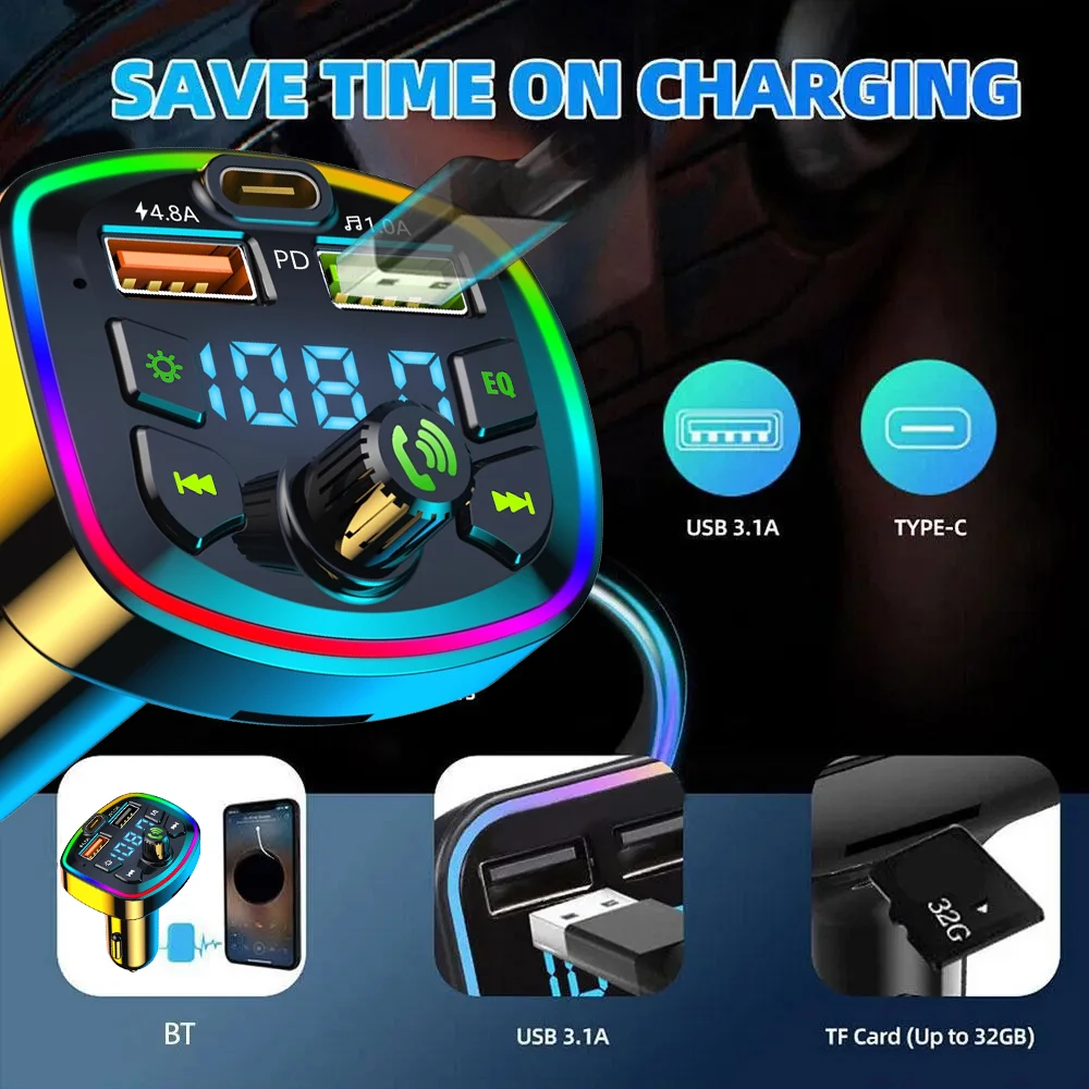 Car FM Transmitter Bluetooth 5.0 PD 18W Charger Type-C Dual USB 4.8A Colorful Ambient Light Cigarette lighter MP3 Music Player