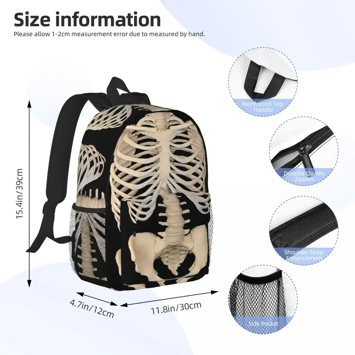 Custom Bag Halloween Gothic Anatomy Rib Cage Bones Human Skeleton Backpacks Boys Girls Bookbag School Bags Travel Rucksack Shoul