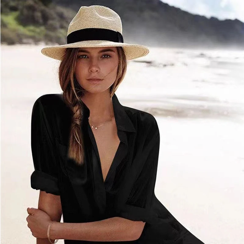 Große Größe 56-58 59-60 cm Neue Natürliche Panama Stroh Hut Sommer Männer Frauen Breite Krempe strand UV Schutz Fedora Sonnenhut Großhandel – Detail 12