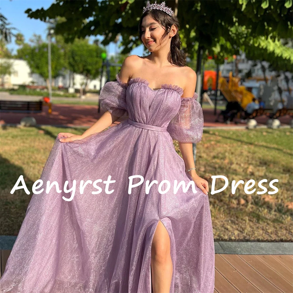 Aenyrst-Purple Querida Puff mangas Prom Dresses, A Line Organza, Split Evening Gowns, até o chão, elegante Birthday Party Dress