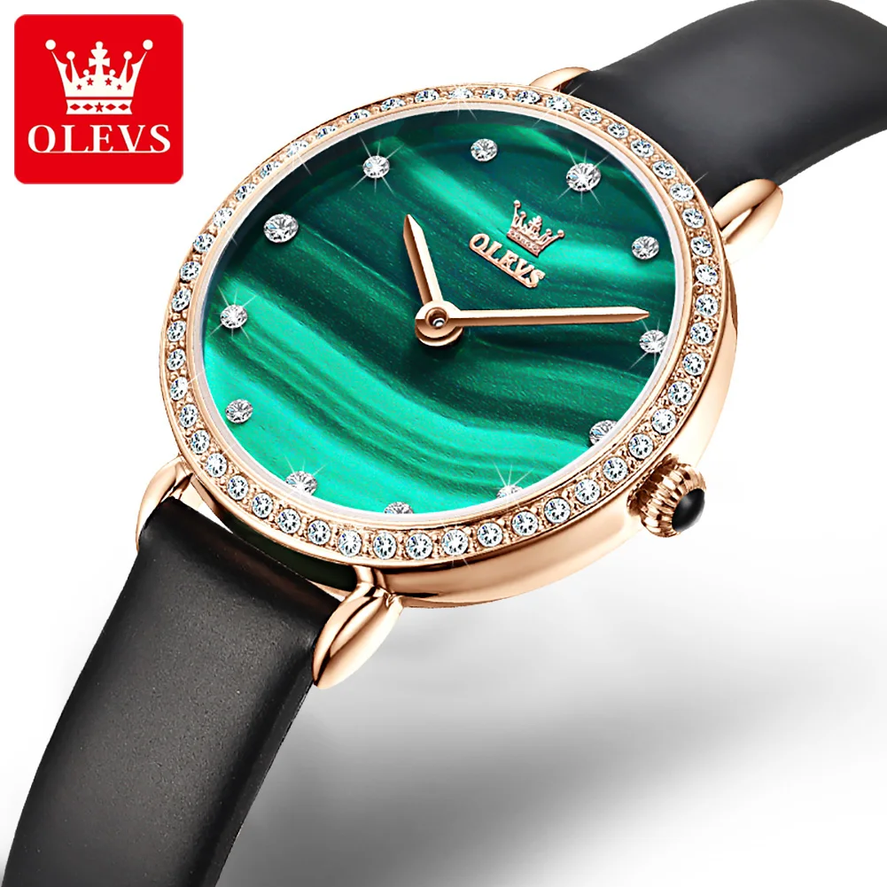 OLEVS 6628 Original Japan Quartz Watch for Women Retro Elegant Diamond Bezel Green Wristwatches Leather Strap Ladies Dress Watch