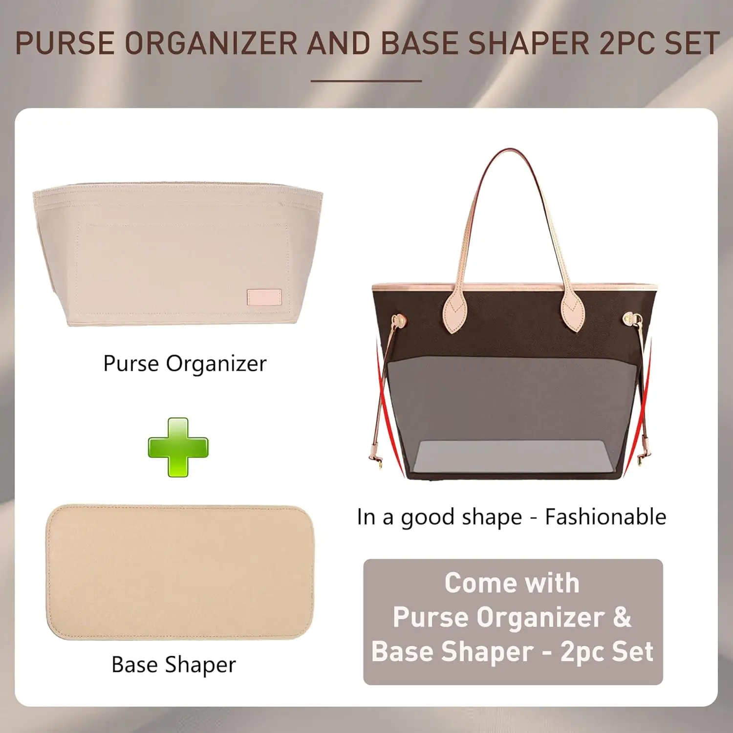 Zipper Felt Purse Organizer + Base Shaper 2pc Set | Fit LV Speedy Neverfull MM | Large Tote Handbag Inner Organizer
