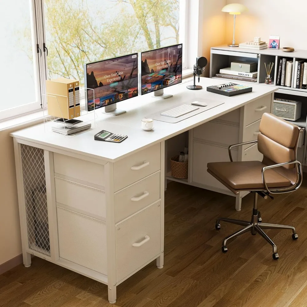 63 inch Office Desk with 6 Fabric Drawers & File Cabinets, Work from Home Computer Desk with Hidden Storage Stand, White