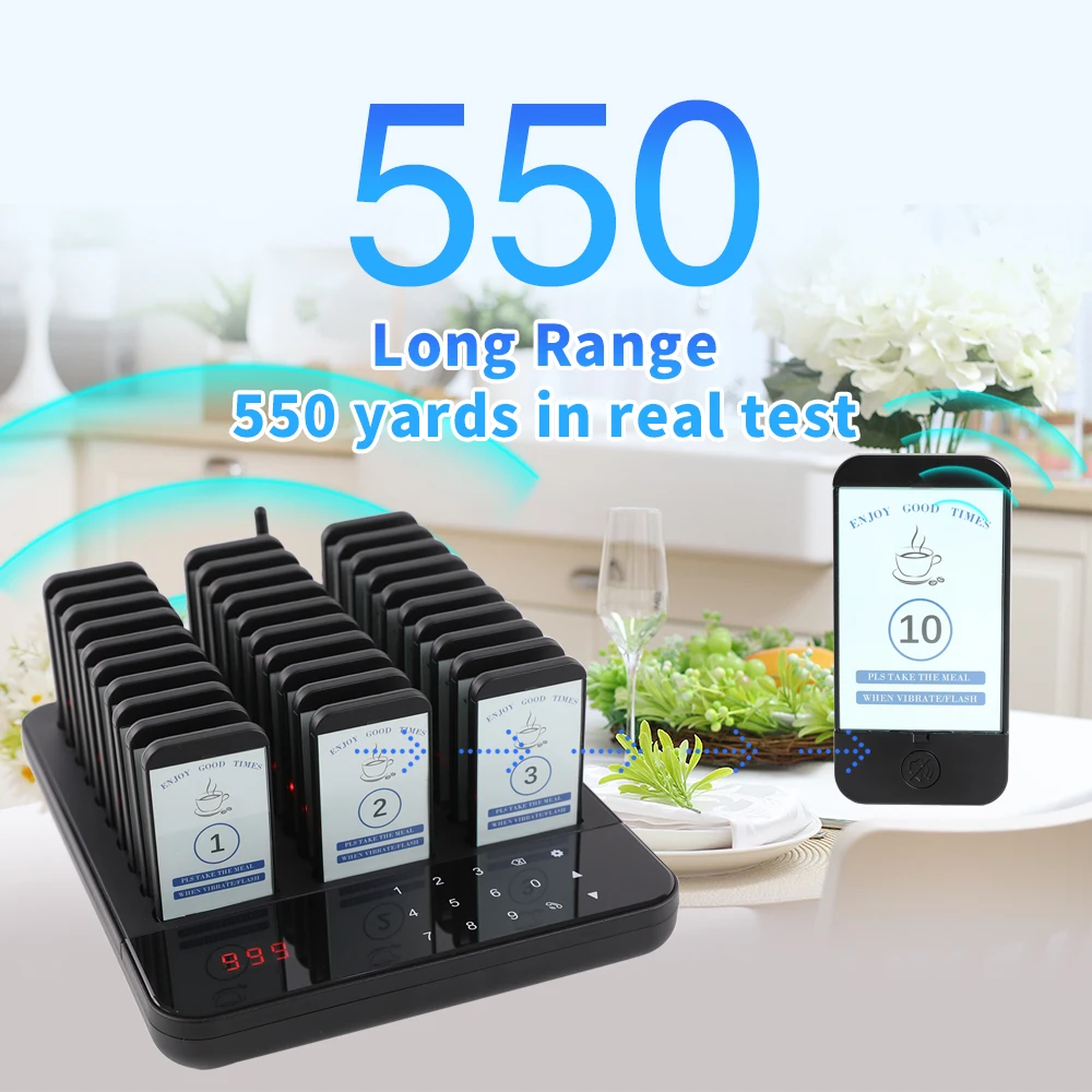 Wirelesslinkx Wireless Restaurant Pager System Waterproof Queue Paging Calling System 30 Buzzers Easy Clean for Coffee Shop Food