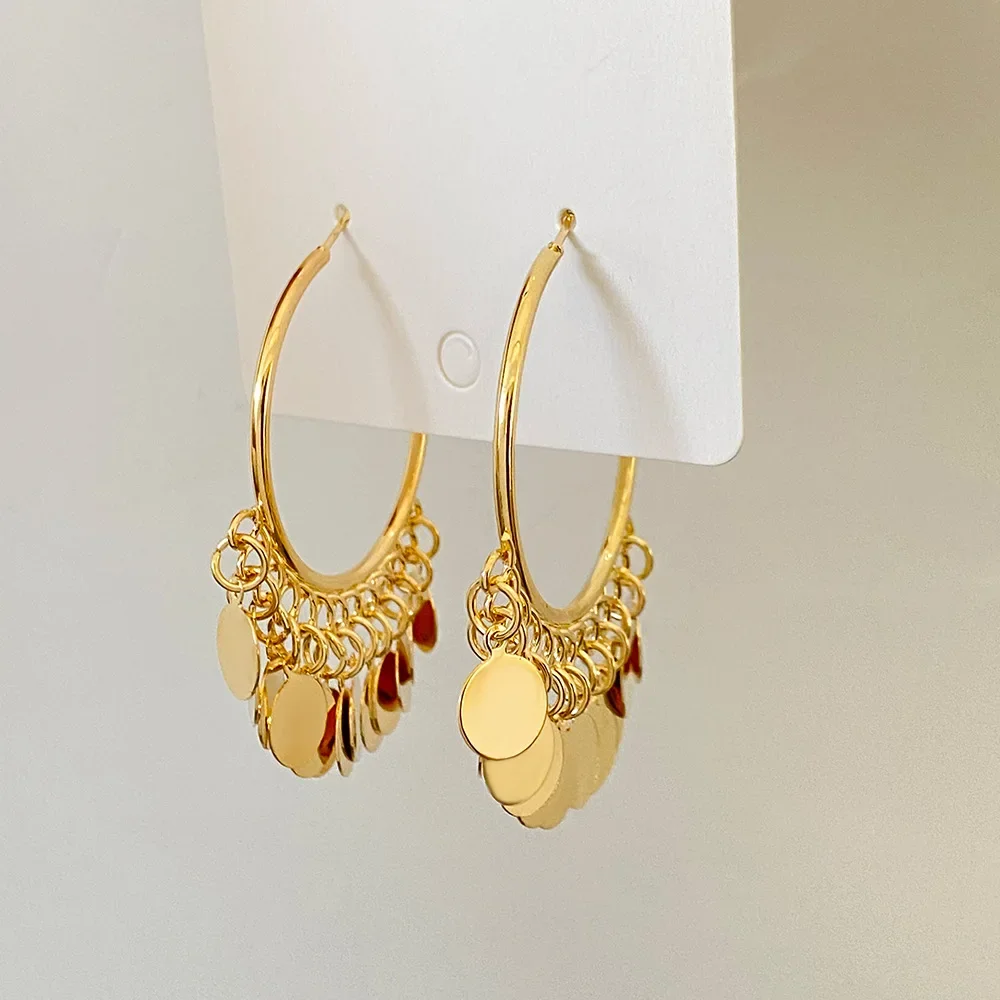 2024 New Fashion Golden Sequins Metal Tassel Hoop Earrings Luxury Trendy Temperament Earrings for Women Jewelry Gifts Wholesale