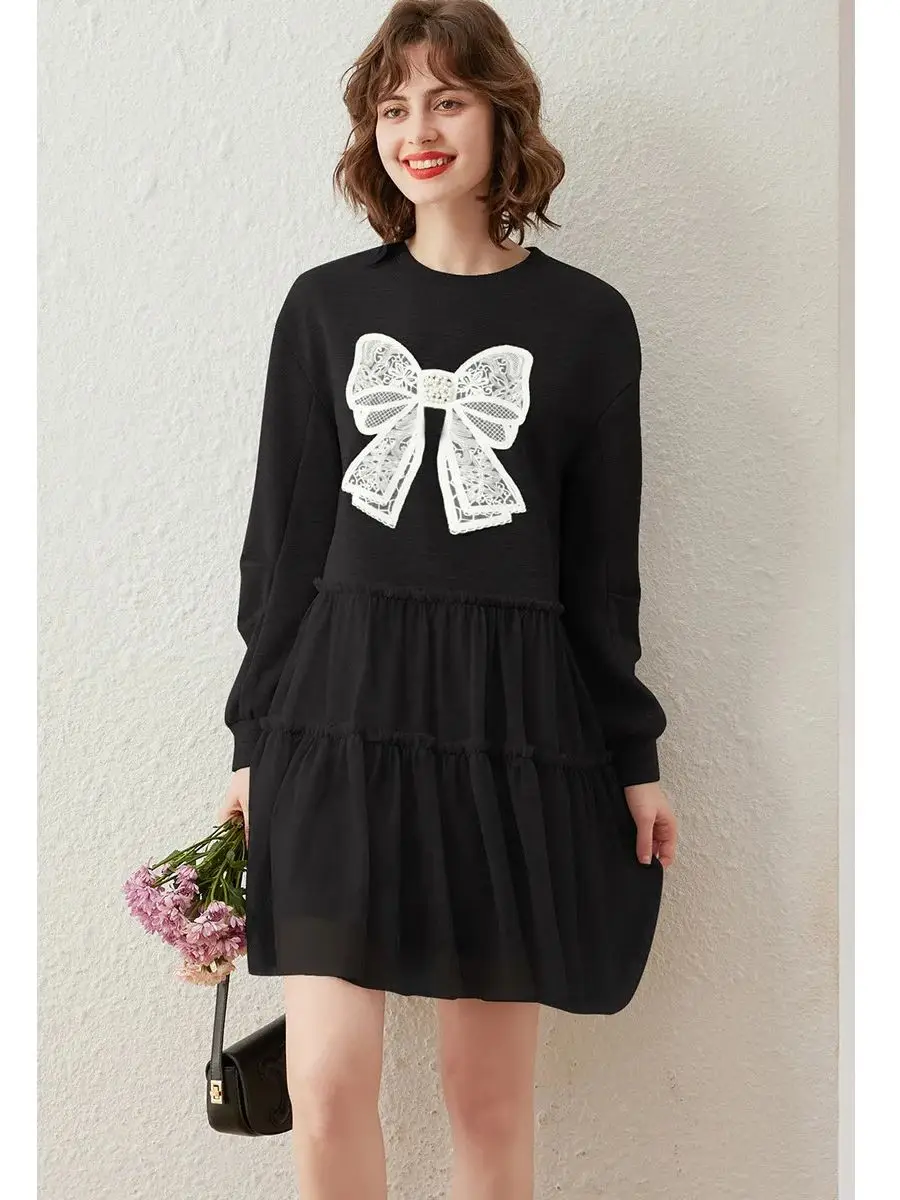 LOUIS YAO Women Mesh Patchwork Sweatshirt Dress Round Neck 2023 Autumn Sweet Butterfly Bow Patch Embroidered Long-sleeve Dress