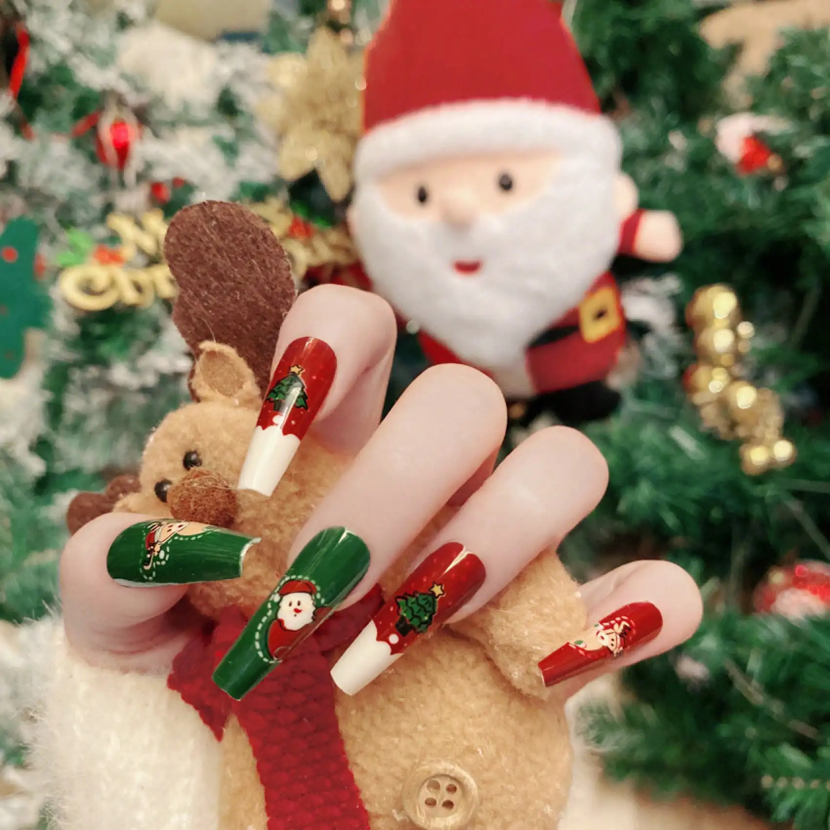 

Jelly Glue + Rubber StripsNew Wearable Nails With Snowflake, Deer, And Reindeer Designs, Detachable Nails, 24-Piece Set