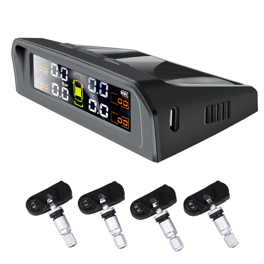 TPMS Car Tire Pressure Alarm Monitor System Real-time Display Attached to glass wireless Solar power with 4 sensors