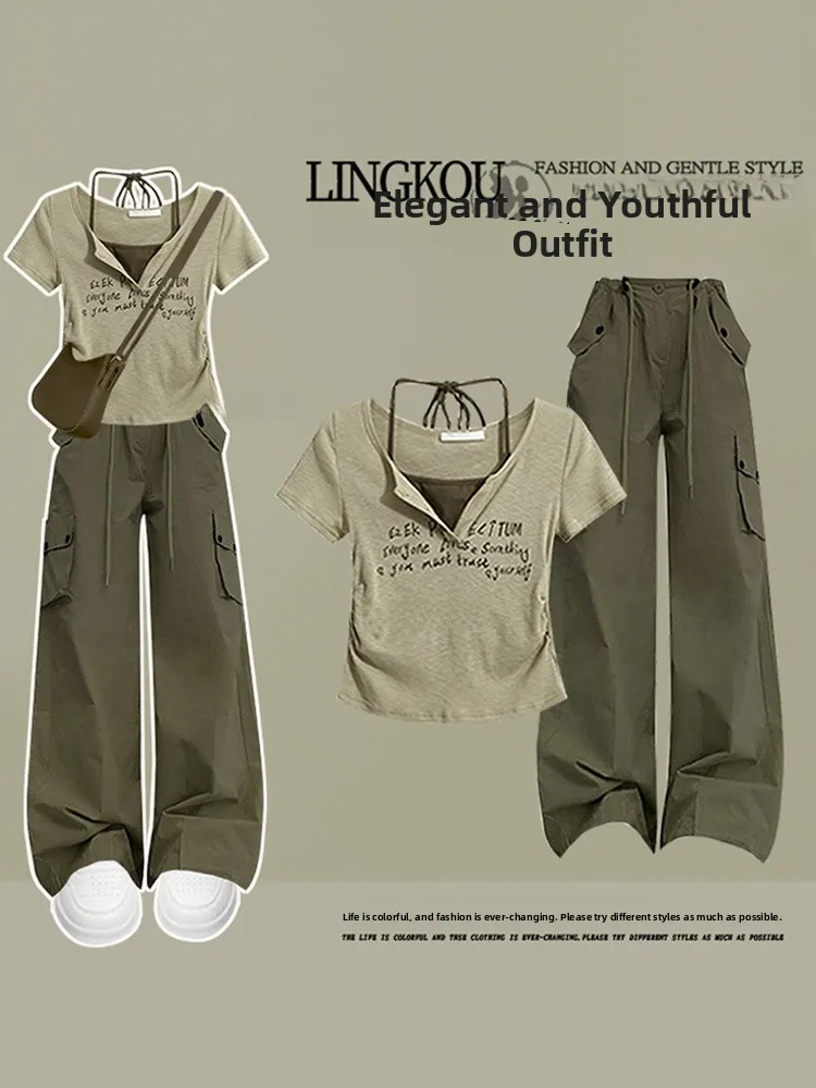 

Summer Casual Outfit Women's Korean Design Sense Fake Two-Piece Neck Hanging Short Sleeve Top with Workwear Pants Two-Piece Set