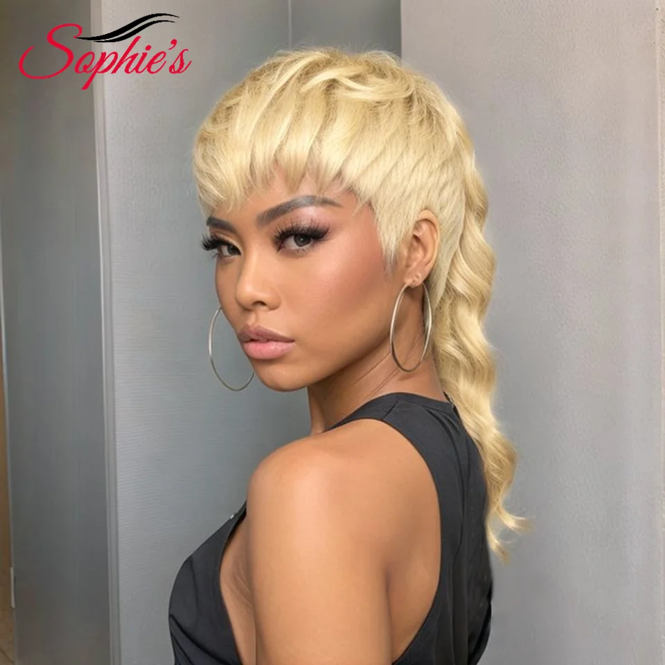

Sophies Human Hair Wig Brazilian Hair Full Machine Made Wig with bangs mullet cut Wig 180% density For Women