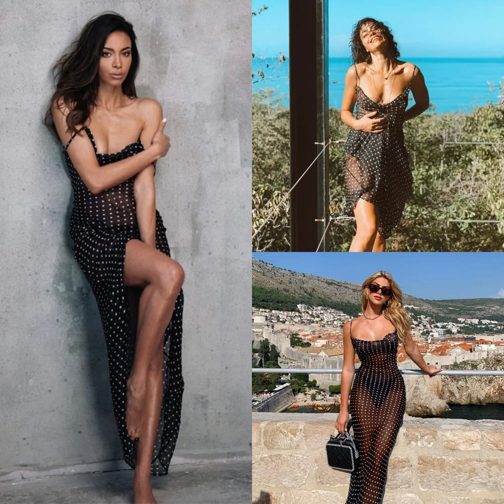 2025 أسود موضة منقطة فستان الشمس مثير انظر من خلال السباغيتي حزام ماكسي فستان المرأة ملابس الصيف فساتين الحفلات زلة #1