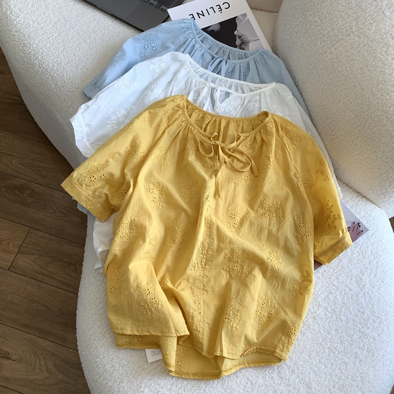 

Flower Embroidered Blouses for Women Summer Fashion Hollow Out Short Sleeve Loose Shirt Versatile Thin Women's Tops 2025 New