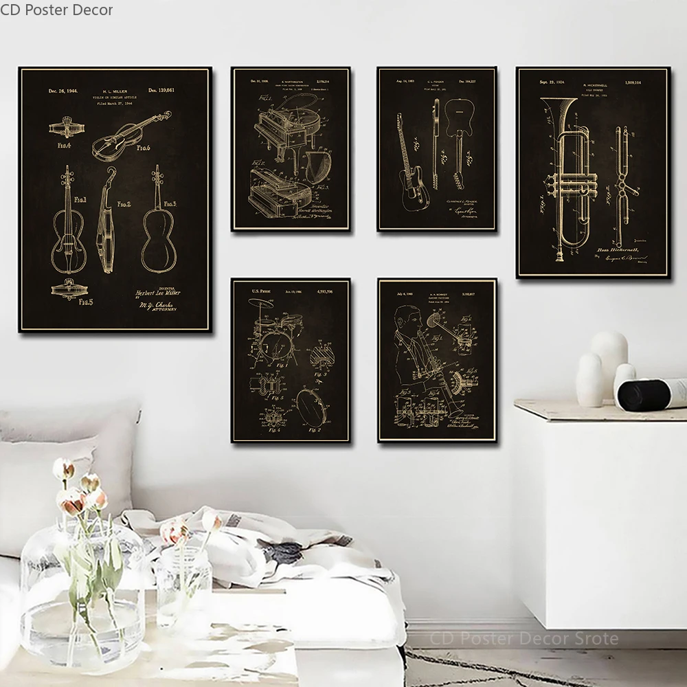 Retro Style Instrument Poster Music Art Wall Painting Trumpet Violin Piano Studies Prints Vintage Home Room Cafe Decor Picture
