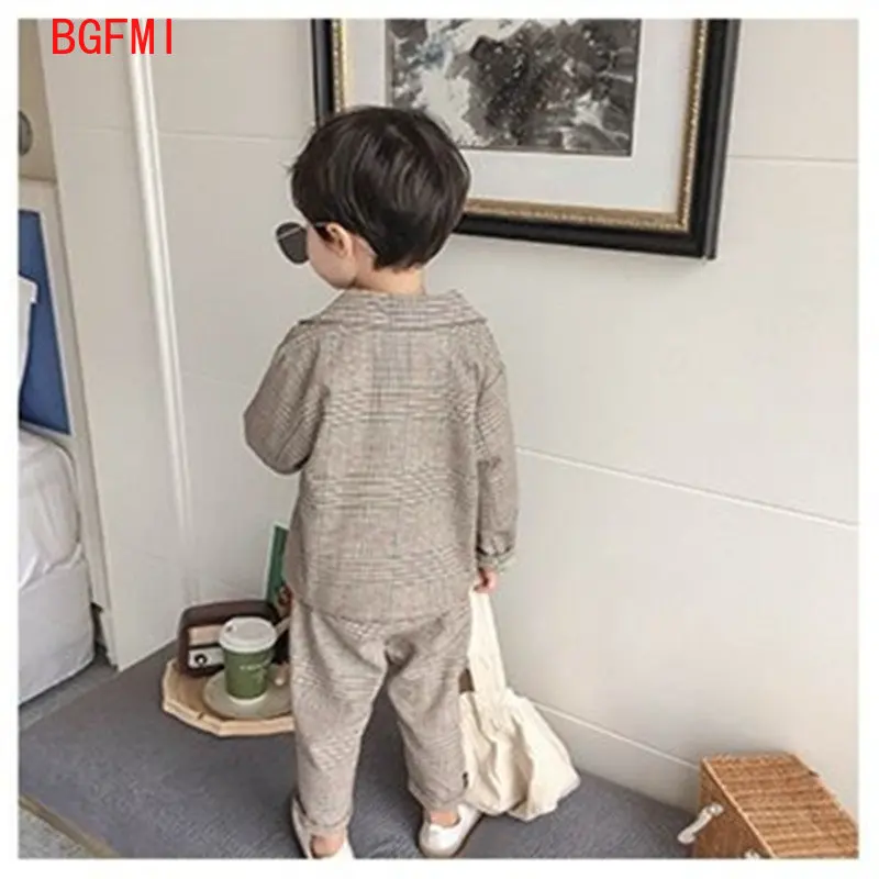 Spring Autumn children\'s clothing Suit Kids Clothes Boys V-Neck Tops + pants 2 piece set Plaid Formal wear 2-10Y Thin Outerwear