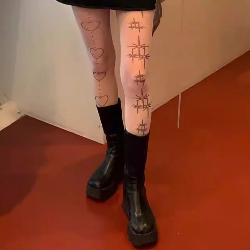 

JK Lolita Girls Tights Pantyhose Heart Print Y2k Thigh High Stockings Women Tights Sexy Lingerie Hosiery Tattoo Tights Pantyhose