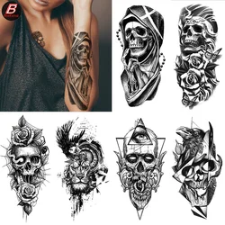 Pegatinas impermeables de tatuaje de medio brazo, calaveras duraderas, letras en inglés, flor Bana, tatuajes pequeños, cuerpo, manga del brazo, tótem falso, mujeres y hombres