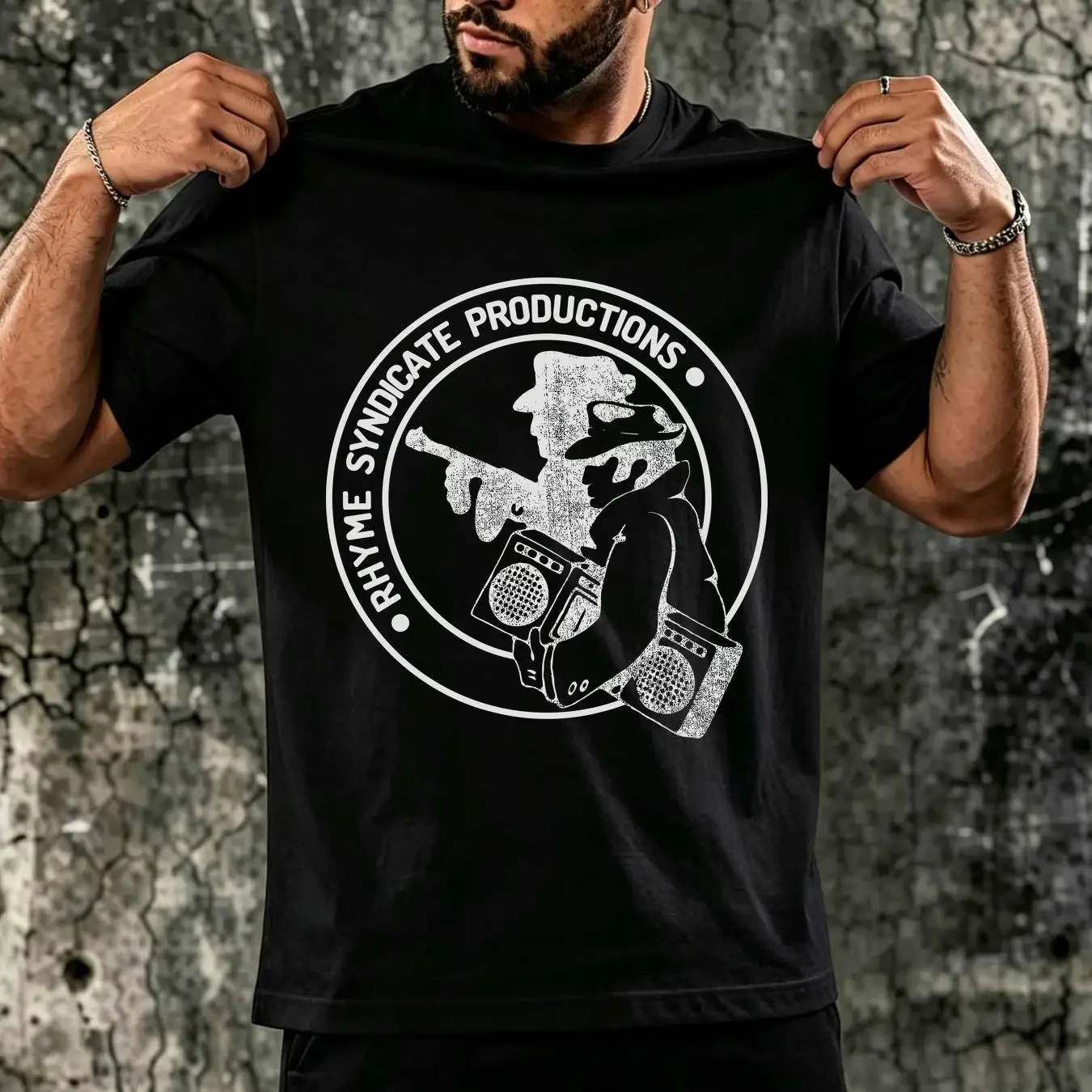 washed T Shirt Rhyme Syndicate Production Silhouette Men or Women vintage Washed graphic Versatile Comfortable fashion