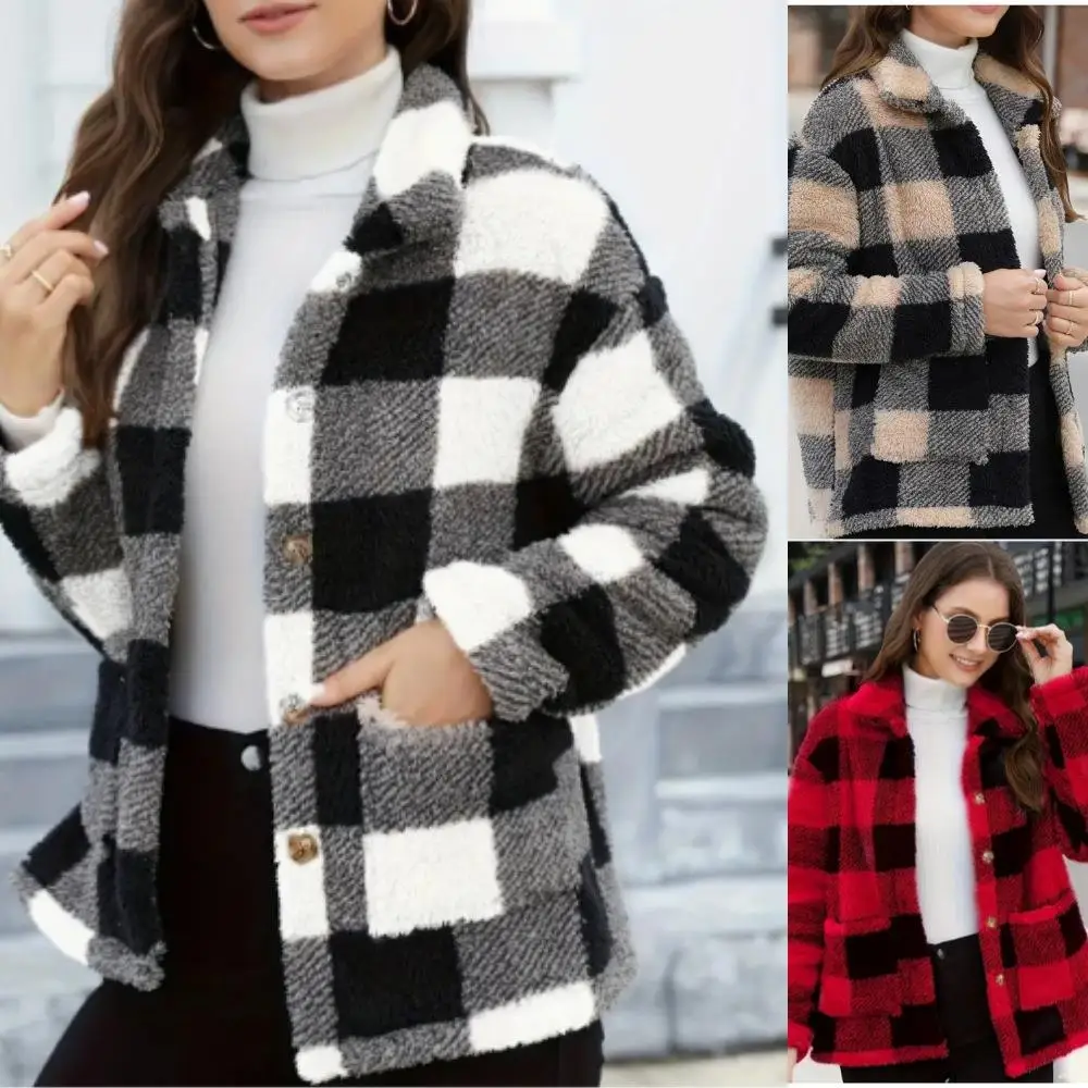

Plu Women's Long Coat with Patch ket And Plaid Lapel Thiened Winter Outerwear Regular Sve for Ladies