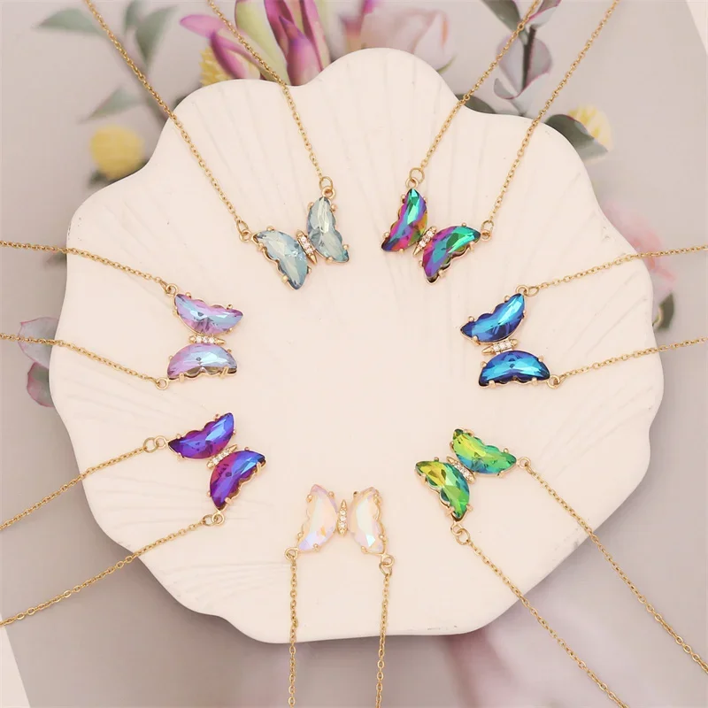 

Wholesale Fashion Jewelry Dainty Gradient Colorful Crystal Diamond Butterfly Pendant Stainless Steel Necklace