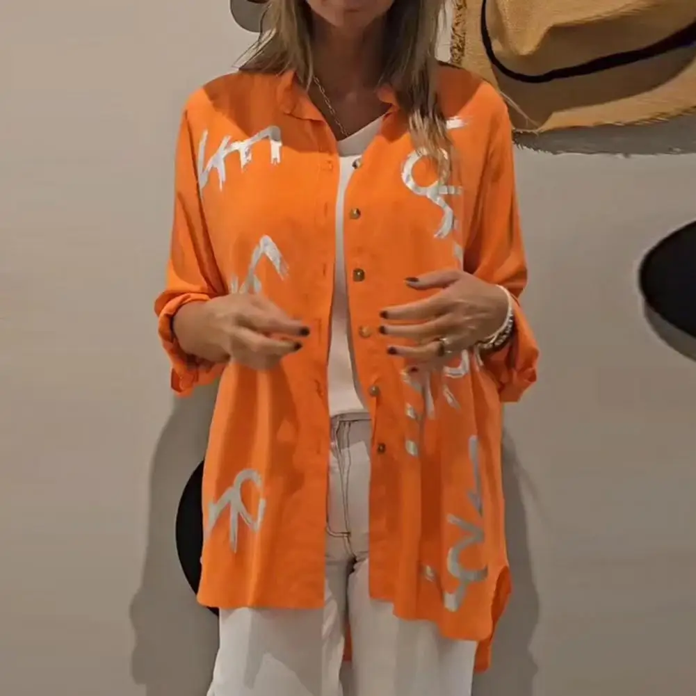 قميص نسائي بأكمام طويلة بطية صدر ، قمة أنيقة ، طباعة بختم ساخن ، تصميم بصف واحد ، فضفاض ، كاجوال ، يومي