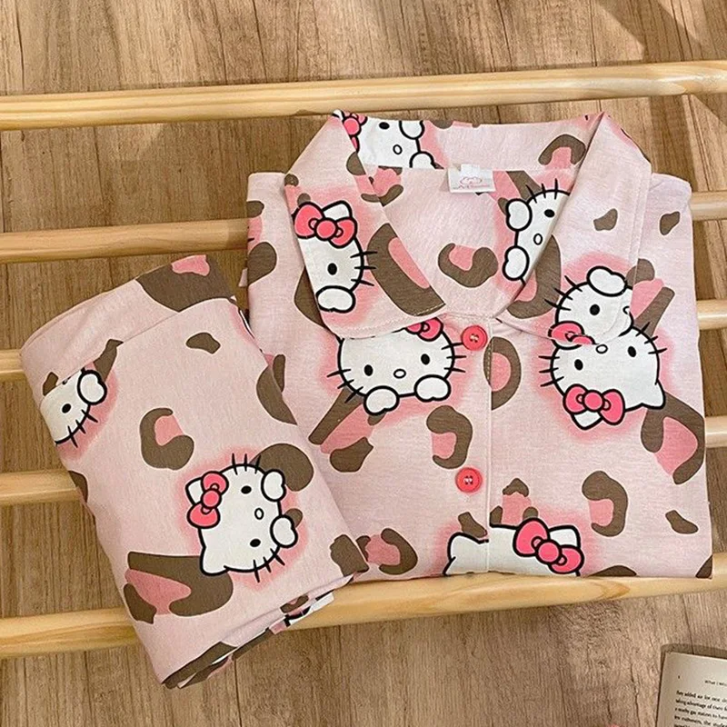 Cute Sanrio Hello Kittys Pajamas Kawaii Anime Cotton Pink Leopard Printed Home Long Sleeved Cartoon Pajama Set Toys Girl Gifts