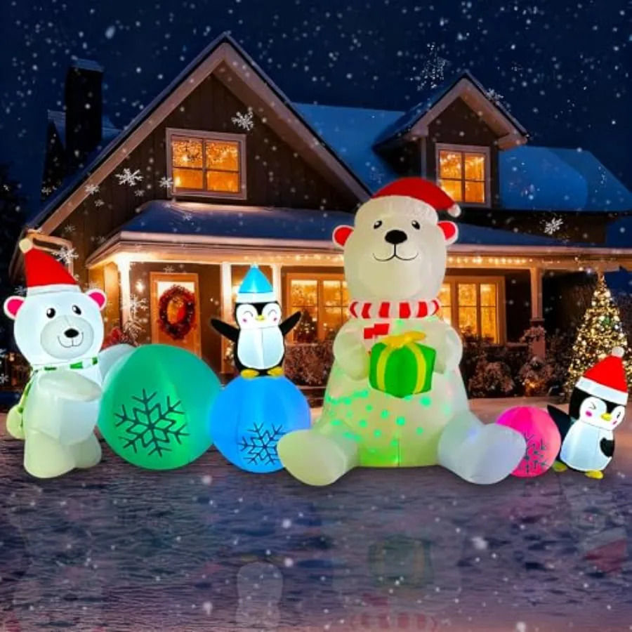 Outdoor Yard Garden Christmas Decoration: 10 Ft Inflatable Polar Bear With Snowball And Penguin, White And Blue Color, Rotating