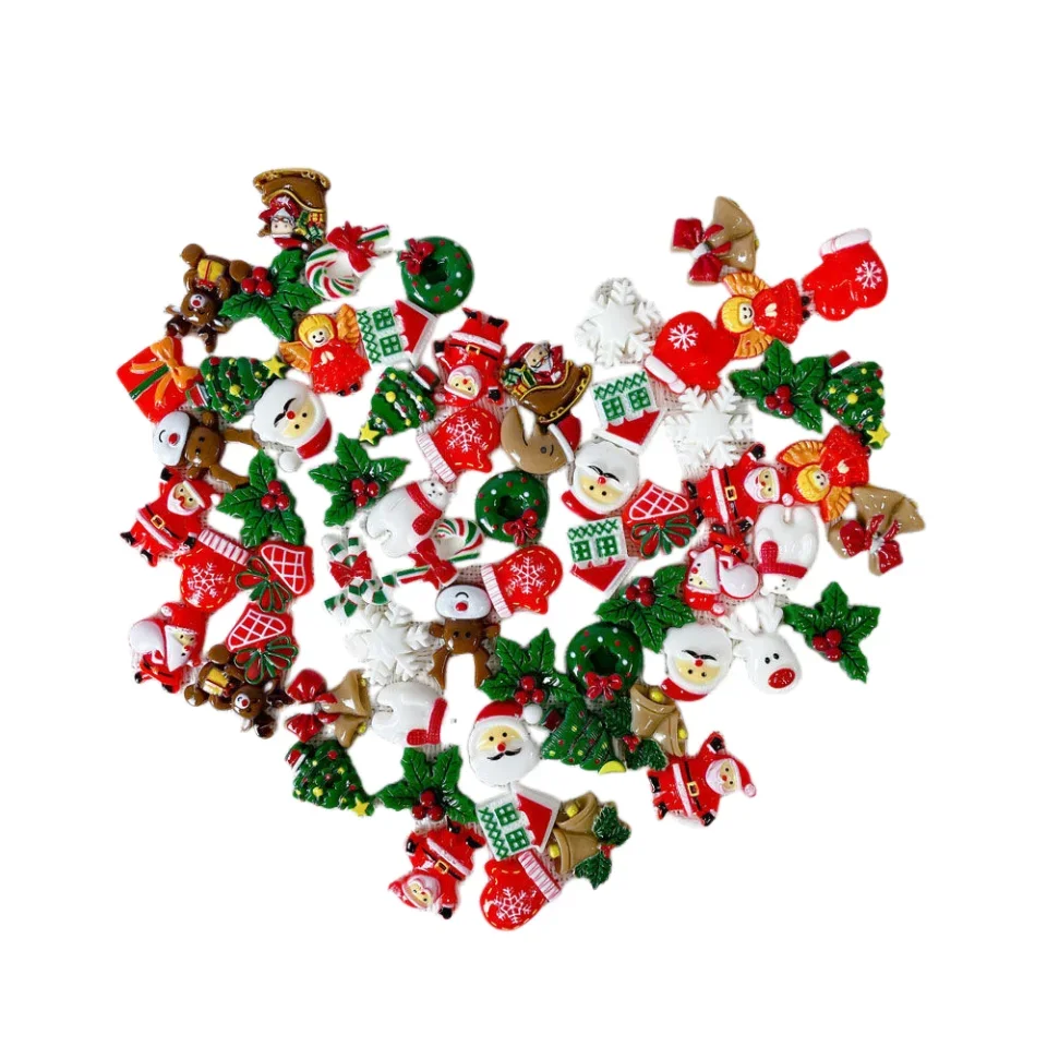 50pcs Resin Christmas Flatbacks Santa Snowman Snowflake Holly Xmas Tree Mixed Cabochons For Scrapbooking DIY Crafts Hair Jewelry