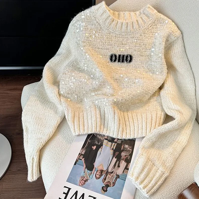 

Autumn Chic Sequin Short O-neck Sweaters Women's Vintage Letter Knitted Pullovers Office Lady Elegant Slim Tops