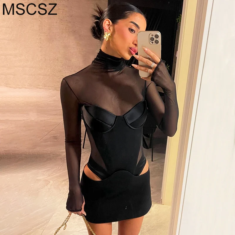 

MSCSZ Black Corset Mini Dress Women Turtleneck Long Sleeve Patchwork Mesh Dress Sexy Cut Out Transparent Night Club Dress