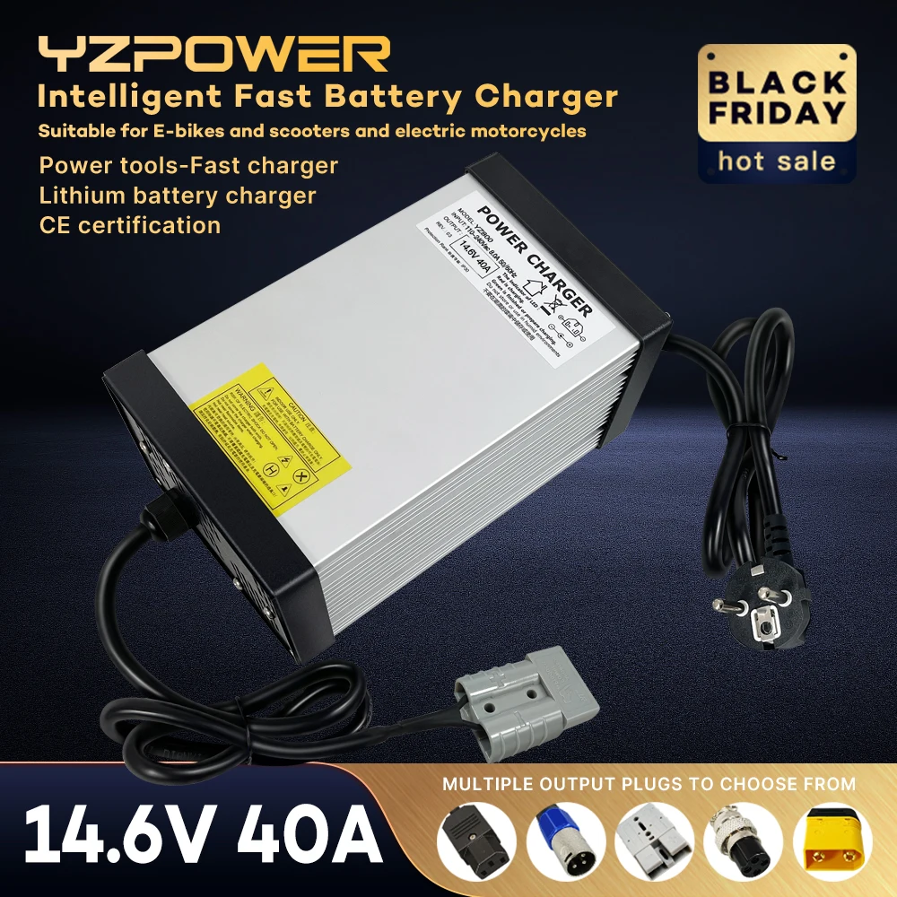 YZPOWER 14.6V 40A Lifepo4 Charger 4S 12V Charger Input 110-240Vac DC with Cooling Fan Intelligent Fast Charging