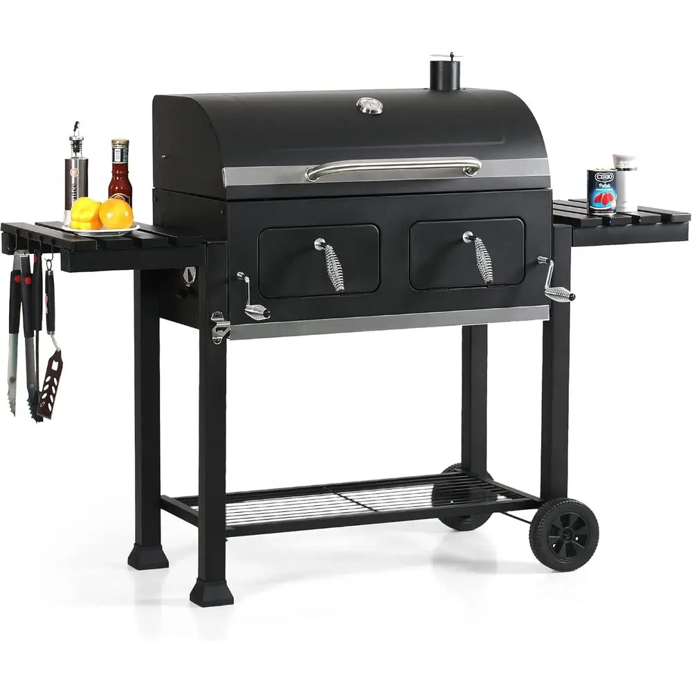 Huge Charcoal BBQ Grill with 794 Sq. In. Cooking Space, Outdoor Grill with Detachable Side Tables and Dual Charcoal Pans