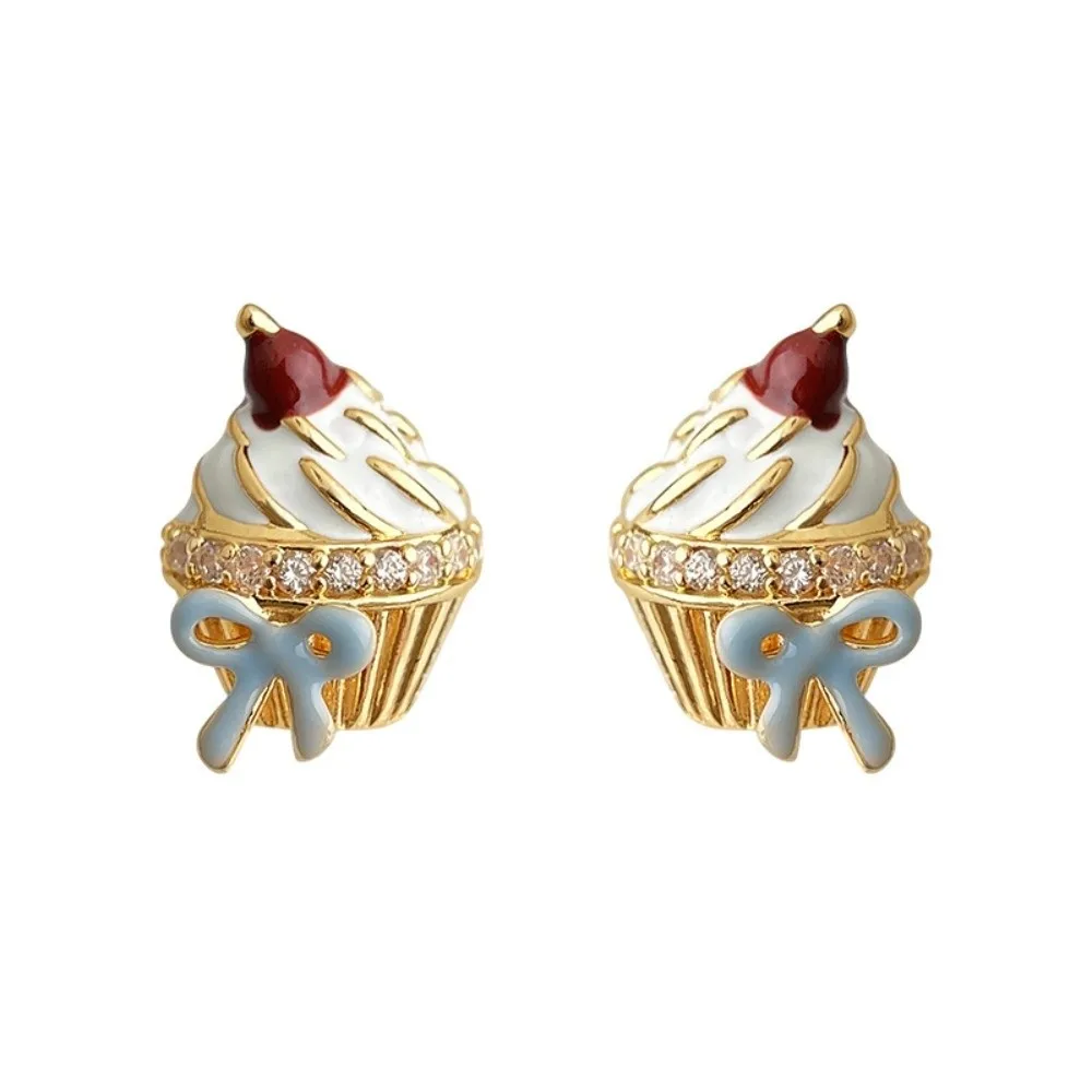 Unique Enamel Birthday Cake Stud Earrings Zircon Childishness Mousse Cake Earrings Y2K Sweet Ice Cream Ear Studs Gift